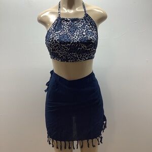 Zuliana Leopard Print Halter Top and Navy Fringe Sarong Skirt. 100% Rayon